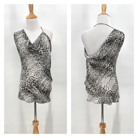 CUSHNIE Silk Halter Tunic Top Womens 2 Gray Leopard Print One Shoulder Cowl Neck - Picture 1 of 16